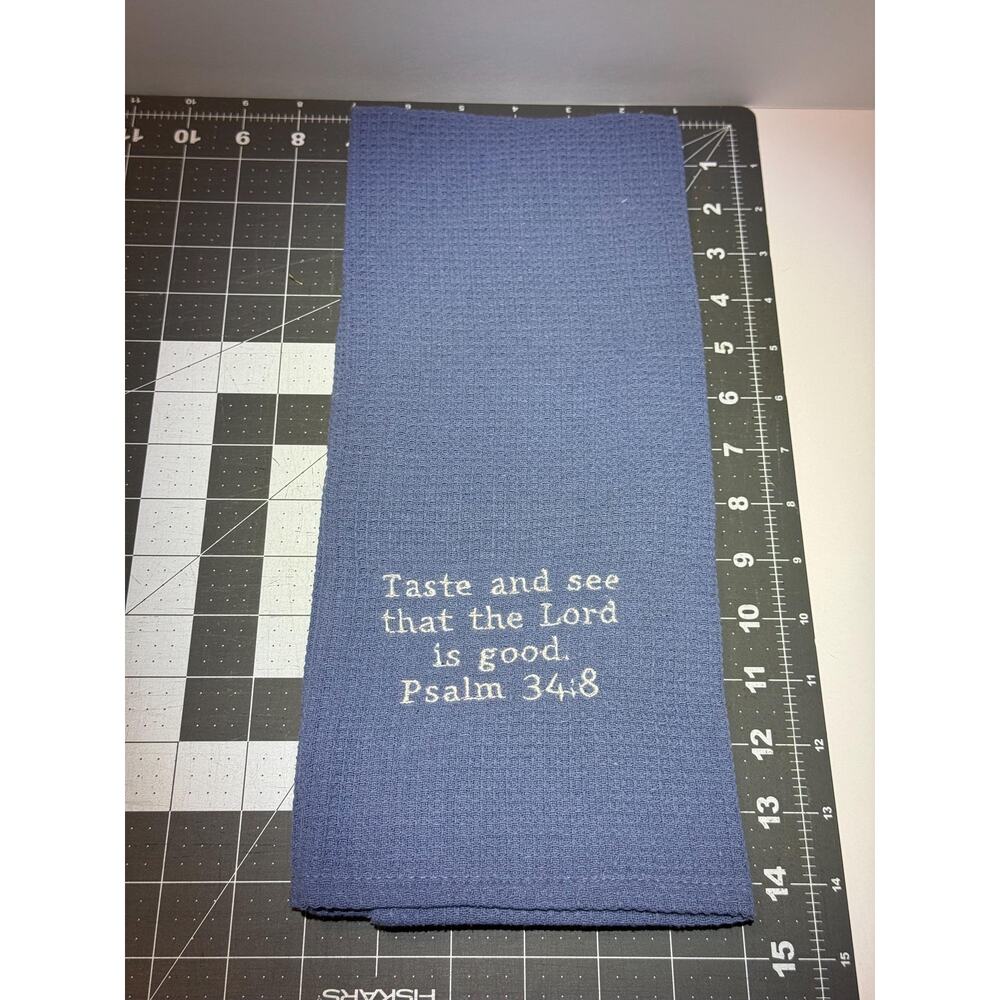 Kitchen Tea Towel Blue with Embroidered Christian Quote Home Decor Gift for Cook